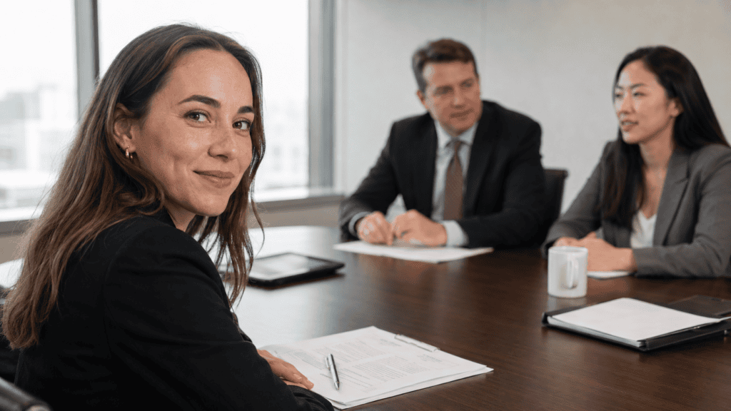A legal recruiter meeting with a law firm partner and a candidate in a professional office setting