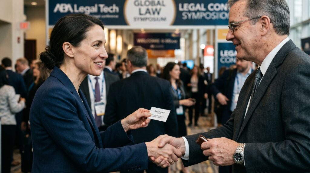 Legal professionals networking at an industry conference