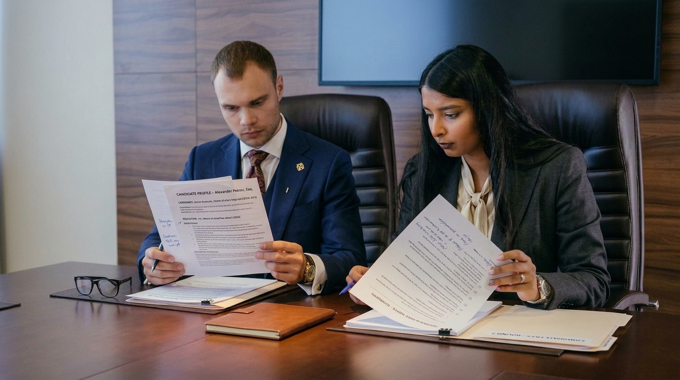 Law firm partners reviewing candidate profiles and interview preparation notes in a meeting room