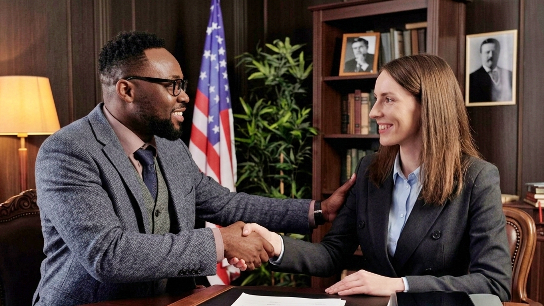 Attorney shaking hands with a legal recruiter in a professional office setting representing a successful lateral placement