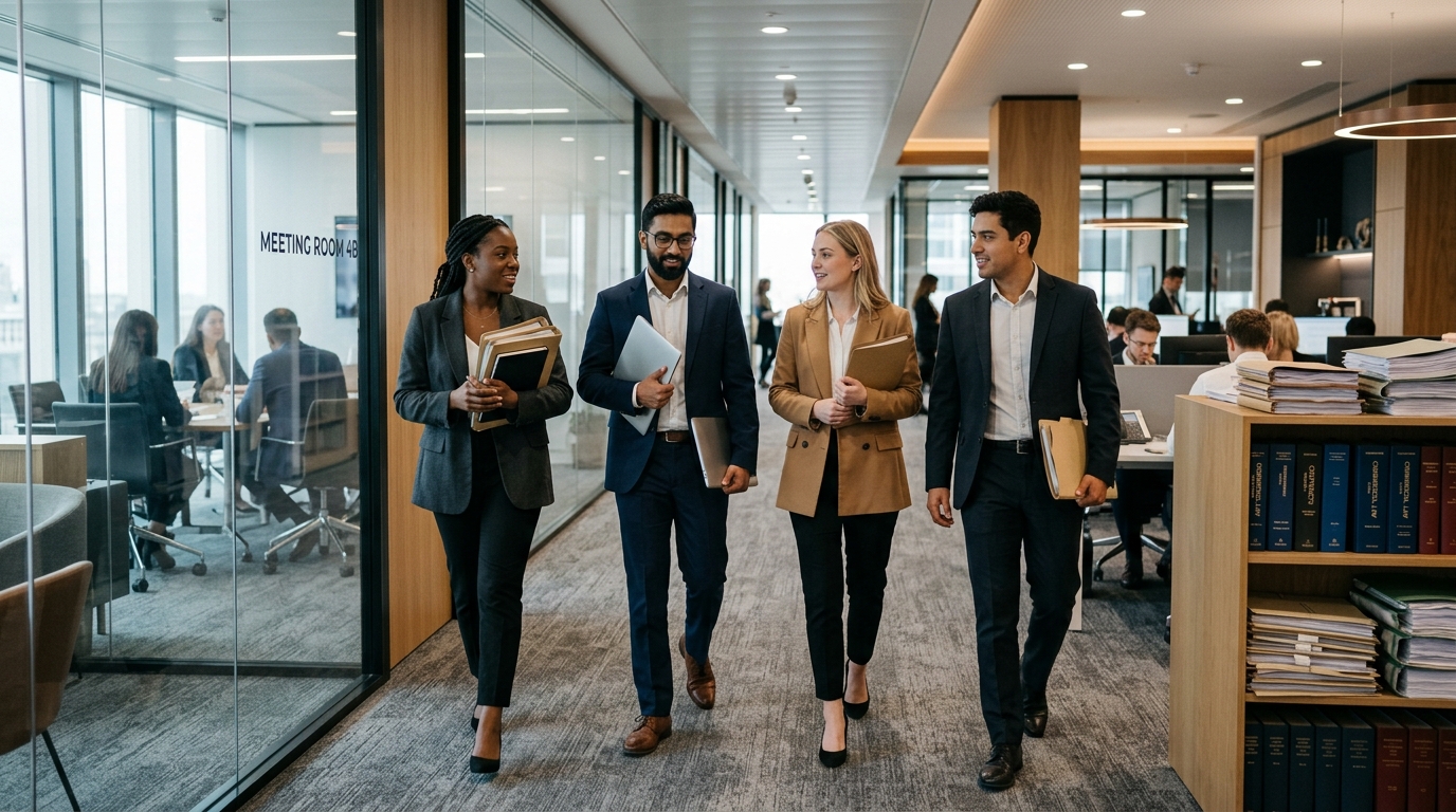 Associates walking through a large law firm office, representing career advancement and growth in the legal profession