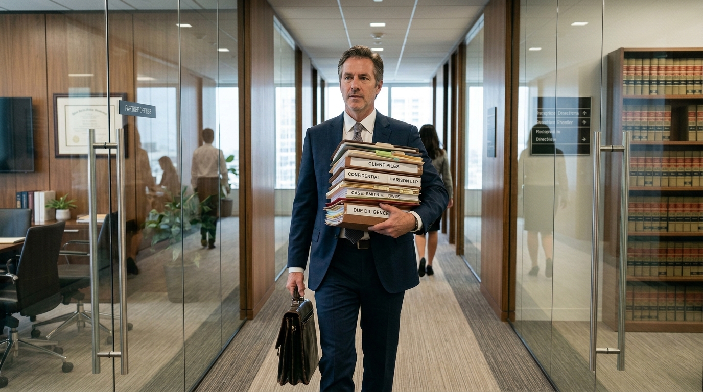Lateral attorney partner bringing client files to a new law firm office