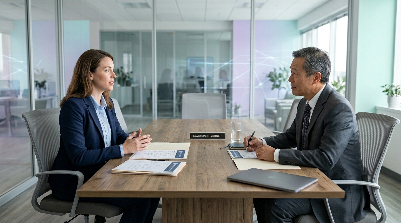Attorney candidate and hiring manager conducting a structured job interview at a law firm