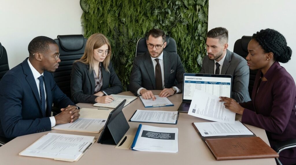 lawyers reviewing candidate profiles for a law firm attorney search