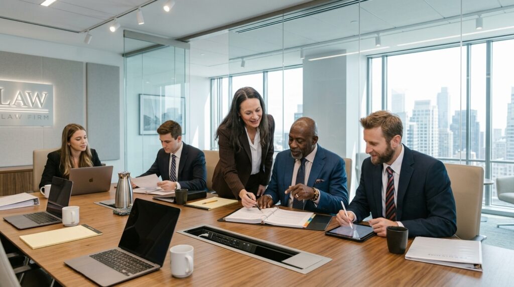 Law firm attorneys collaborating at a conference table in a modern office setting