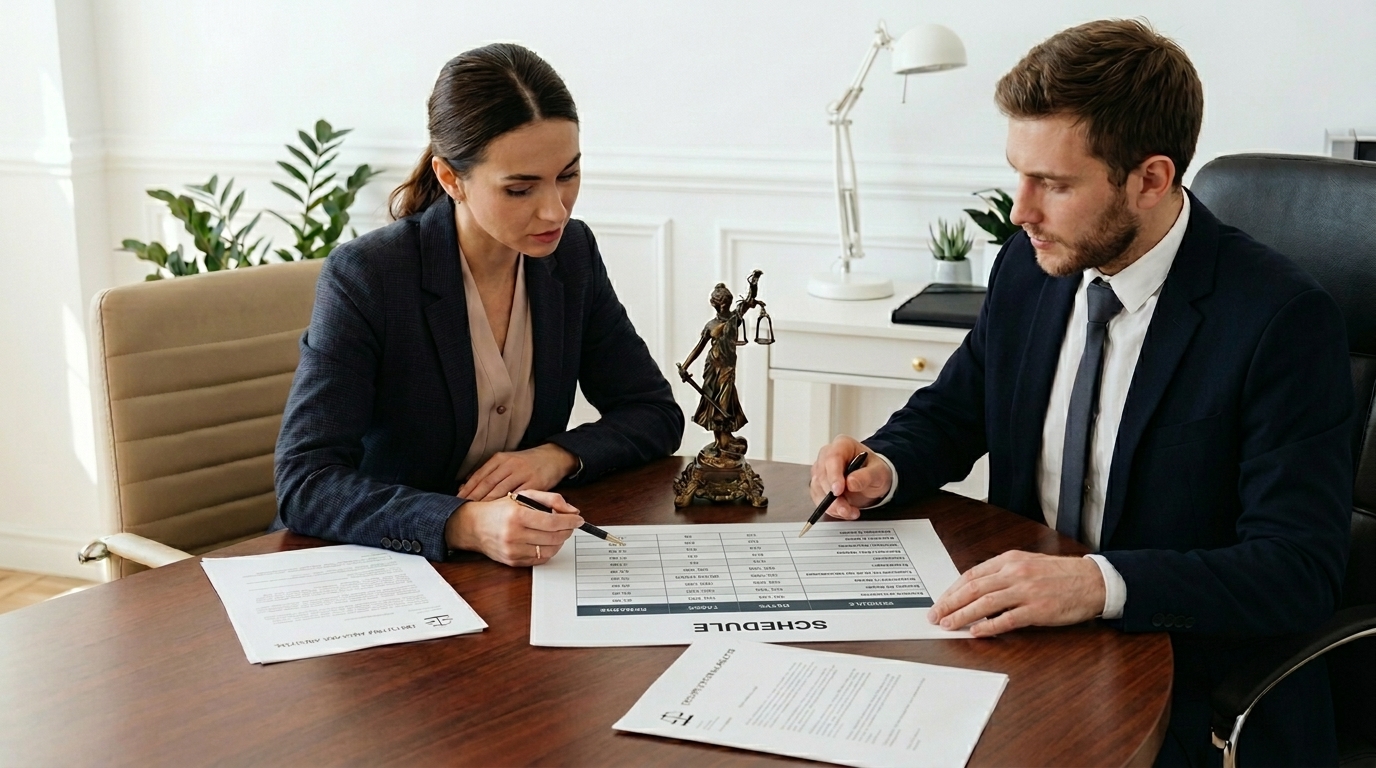 Two attorneys sitting across from each other reviewing a document