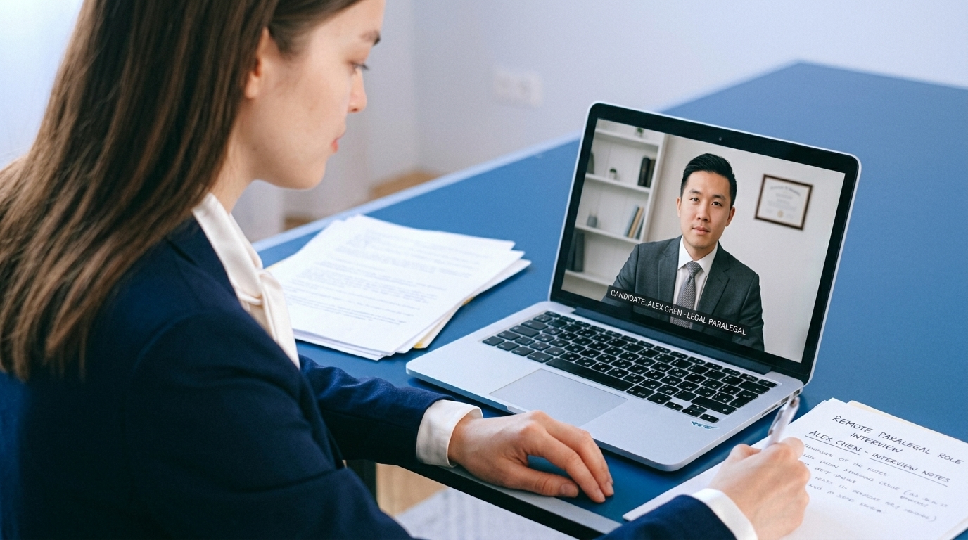 Hiring manager conducting a video interview with a legal candidate for a remote paralegal position